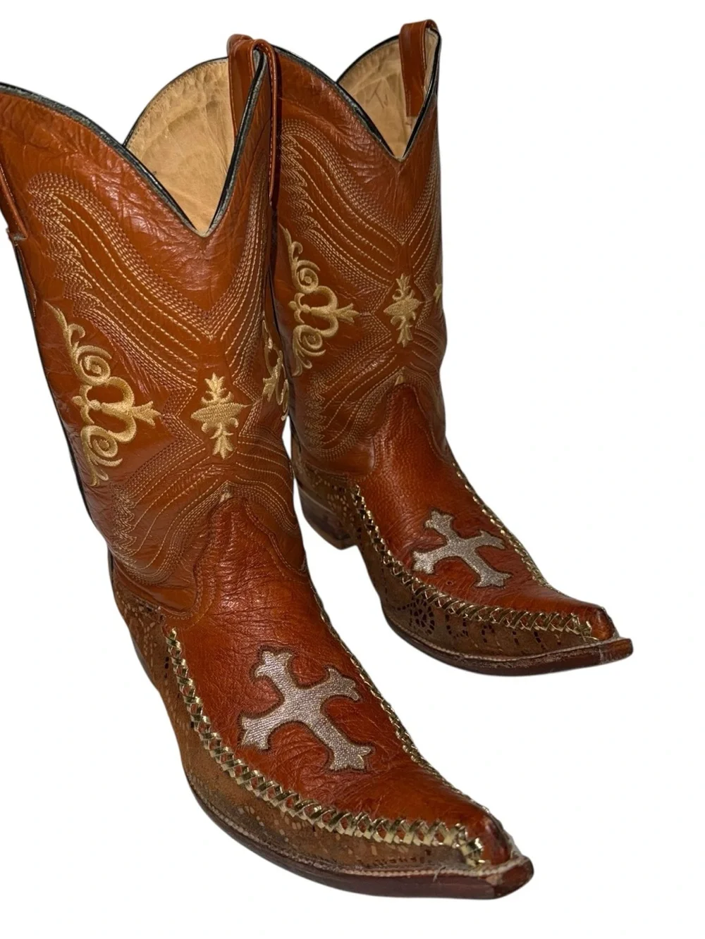 Vtg Laredo Leather Long Pointed Square Snip Toe Embroidered Cross Conquistador